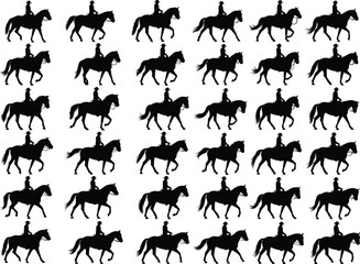Multiple black silhouette cowboys riding horses in different positions, western style horseback riding, wild west cowboy vector illustration