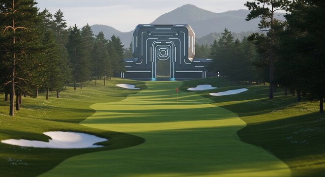 Futuristic Golf Course with Glowing Building and Mountainous Landscape