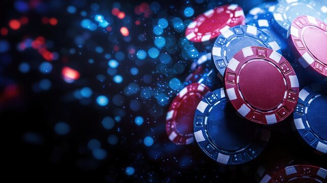 Poker chips on dark background, closeup