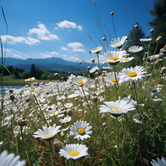 Blooming field of white daisies under blue sky with mountains in the background captured in serene summer landscape