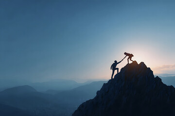 Silhouette of teamwork with mutual assistance in climbing on high mountain