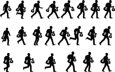 Silhouettes of Thief Running with Money Bag in Multiple Poses for Crime, Robbery, Security, and Finance Concept Vector Illustration