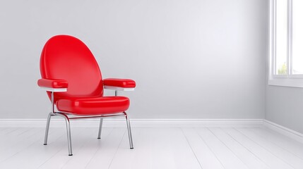 Bright red modern chair with sleek chrome legs positioned in a minimalistic room featuring white walls and large windows, creating a vibrant and inviting atmosphere for interior design