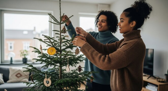 Couple Decorating an Eco-Friendly Potted Christmas Tree - Powered by Adobe