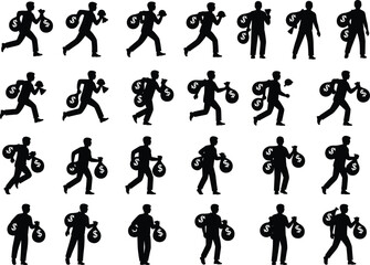 Silhouettes of Thieves Running and Walking with Money Bags in Multiple Poses for Crime, Robbery, Finance, and Security Concepts
