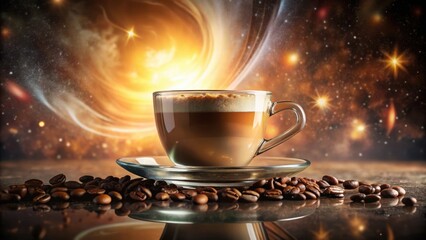 Aromatic Coffee in a Glass Cup Against a Cosmic Background with Roasted Beans