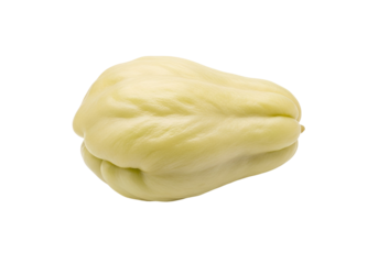Close-up view of a single, pale yellow, smooth-skinned chayote, presented against a pure black background.