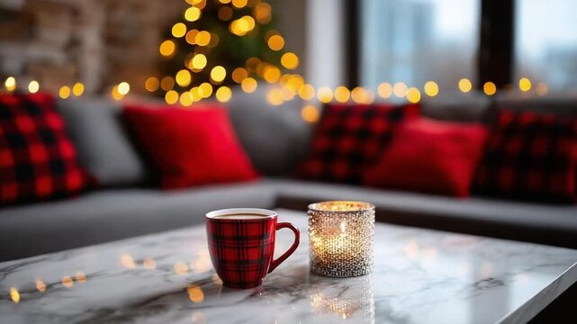 Cozy living room with a marble coffee table, red plaid mug, a lit candle, and blurred Christmas lights in the background.
