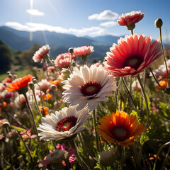 Wildflowers blooming in mountain meadow with sunlight and soft focus