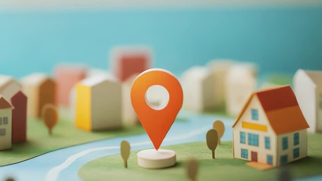 Orange location pin marking spot on miniature town map