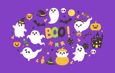 Naklejka premium flat design of Halloween Ghost Elements Set with Boo Text Pumpkin Bat and Spooky Castle Vector for background, banner and flyer