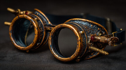 Close up of steampunk goggles with intricate details and a dark background texture
