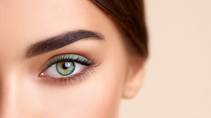 Obraz premium Close-up of a beautiful womans eye with striking green iris, perfectly shaped eyebrows, and subtle makeup, showcasing natural beauty and captivating gaze