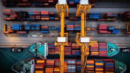 Aerial view of a container ship at a busy port, with colorful containers stacked and two large yellow gantry cranes loading containers. - Powered by Adobe