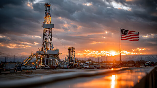 American flag waving beside an oil drilling site at unset in the United States showcasing energy industr activity