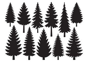 Obraz premium Collection of silhouette pine trees for winter landscape design and seasonal decor white background