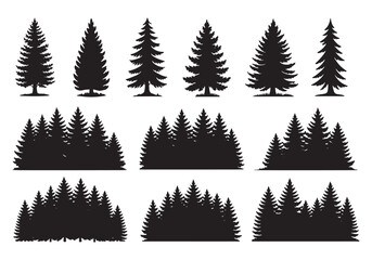 Collection of diverse pine trees silhouettes for forest and nature design elements white background