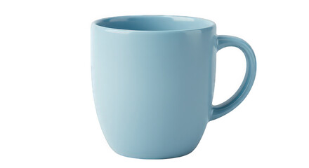A light blue ceramic mug with a handle displayed against a black background in a studio setting