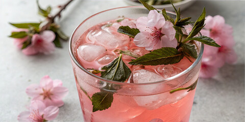 This vibrant drink features cherry blossoms and fresh mint leaves atop ice, creating a refreshing beverage perfect for spring gatherings or picnics
