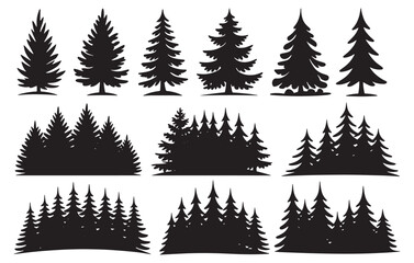 Obraz premium Collection of diverse pine tree silhouettes for natural woodland scenes and forest art projects white background