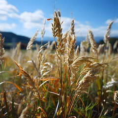 Golden wheat field swaying in wind under blue sky