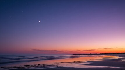 Fototapeta premium A serene beach at dusk, with a soft, purple and orange sky