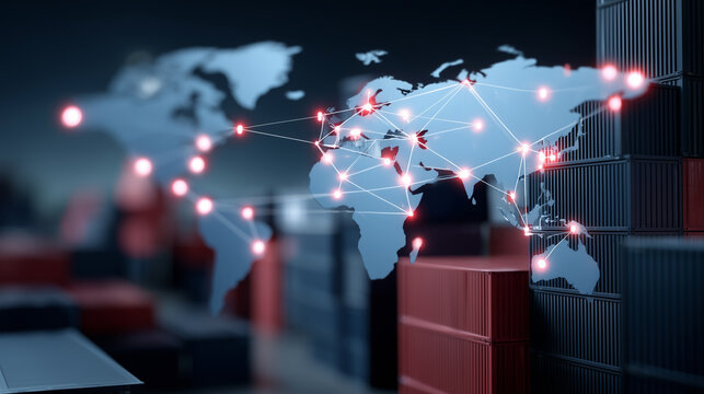 International business logistics with cargo containers and digital world map