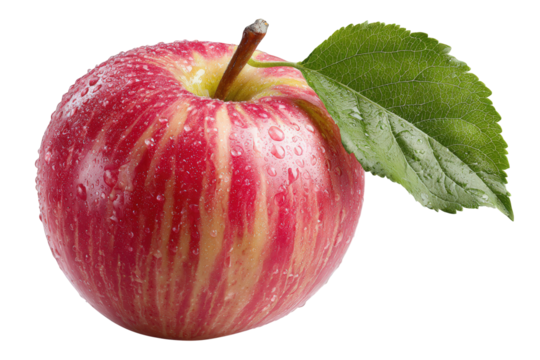 Red Apple with Water Droplets and Green Leaf on Transparent Background - Powered by Adobe