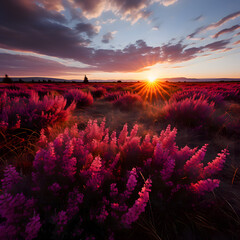 Vibrant field of red and purple flowers at dramatic sunset