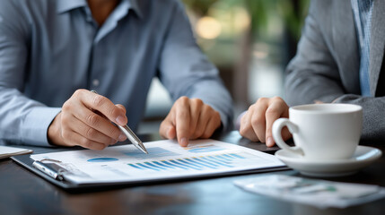 Advisors analyze a report, the strategic scene illuminated by soft light. Advisors, report, with copy space