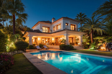 Fototapeta premium Luxurious Mediterranean villa at night poolside view stunning architecture landscaping