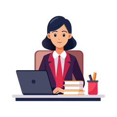 Professional young female lawyer working on laptop with legal documents on office desk vector illustration for legal business branding design