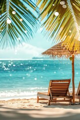 Obraz premium Serene tropical beach with lounge chairs and umbrella.