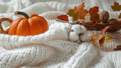 Cozy knitted blanket with a carved pumpkin decoration, perfect for autumnal home decor or harvest-themed events