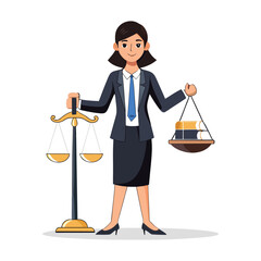 Professional female lawyer vector illustration holding balance scales and legal book, modern law justice character design for legal firm branding