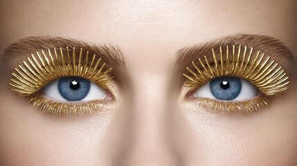 Obraz premium Close-up of a model's striking blue eyes adorned with extravagant gold eyelash extensions, showcasing a bold and artistic makeup design that emphasizes beauty and creativity