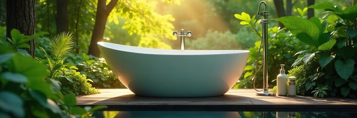 Relaxing outdoor bath surrounded by lush greenery, sunlight dappling through leaves Perfect for spa, wellness, nature, and serenity themes , hot tub, bathtub