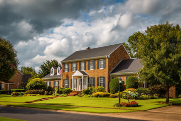 Large brick house beautiful landscaping American flag lush green lawn cloudy sky suburban neighborhood