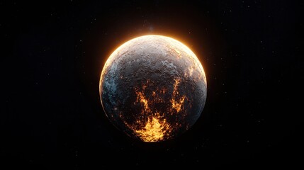 Fototapeta premium Burning planet in the dark expanse of space with glowing flames illuminating the surface
