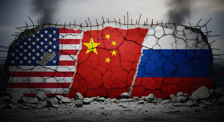 Naklejka premium Cracked wall depicting USA, China and Russia flags symbolizing geopolitical conflict and global tensions for news articles and website banners