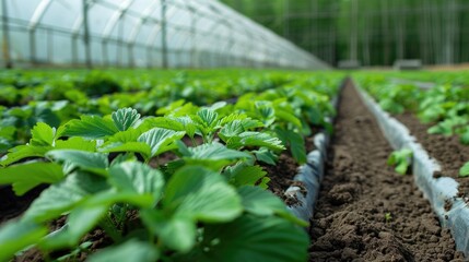 Lush green plants growing in a greenhouse.