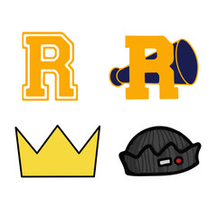 Set of Retro School and Pop Culture Icons with Letter R, Crown, and Beanie