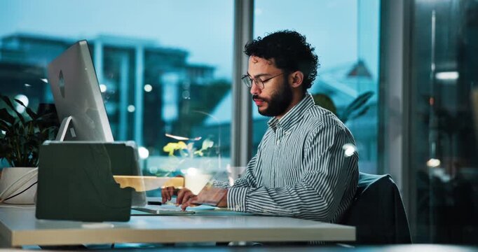 Night, cough and sick business man with disease, virus infection or cold by computer. Stress, illness or worker with allergy, flu or tired with fatigue of overwork or chest pain on overtime in office