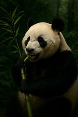 Obraz premium Adorable giant panda enjoying fresh bamboo shoot in a lush, green forest habitat habitat, perfect for conservation