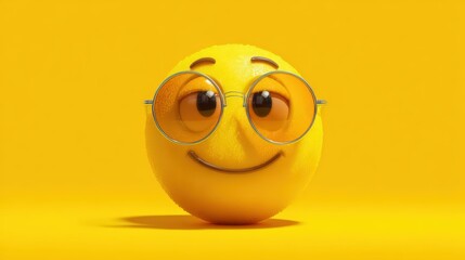 Cheerful yellow emoji character with smiling face wea round glasses and a playful expression on a bright yellow background