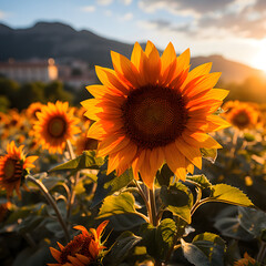 Bright sunflower in warm sunlight with blurred background