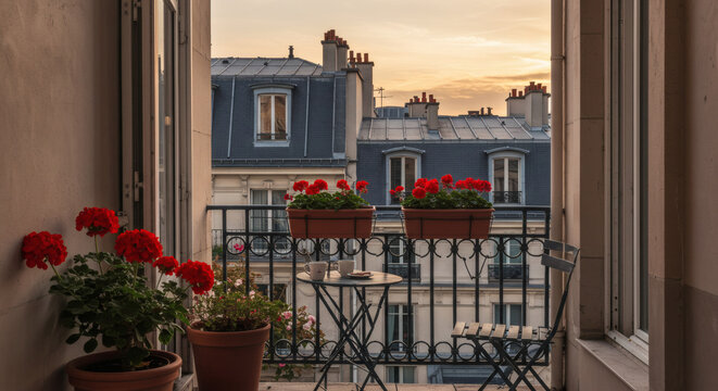 Fototapeta A small urban balcony in Paris, adorned with a classic wrought-iron railing. A tiny bistro set for two, red geraniums in terracotta pots, and a stunning view of historic rooftops at sunset