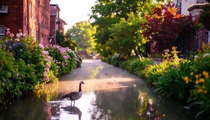 Sunrise Canal Goose & Flowers