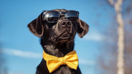Stylish black dog wearing sunglasses and a yellow bow tie poses against a clear blue sky in a cheerful outdoor setting