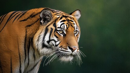 Fototapeta premium Captivating tiger portrait showcasing intense gaze and vibrant fur pattern against a softly blurred green background